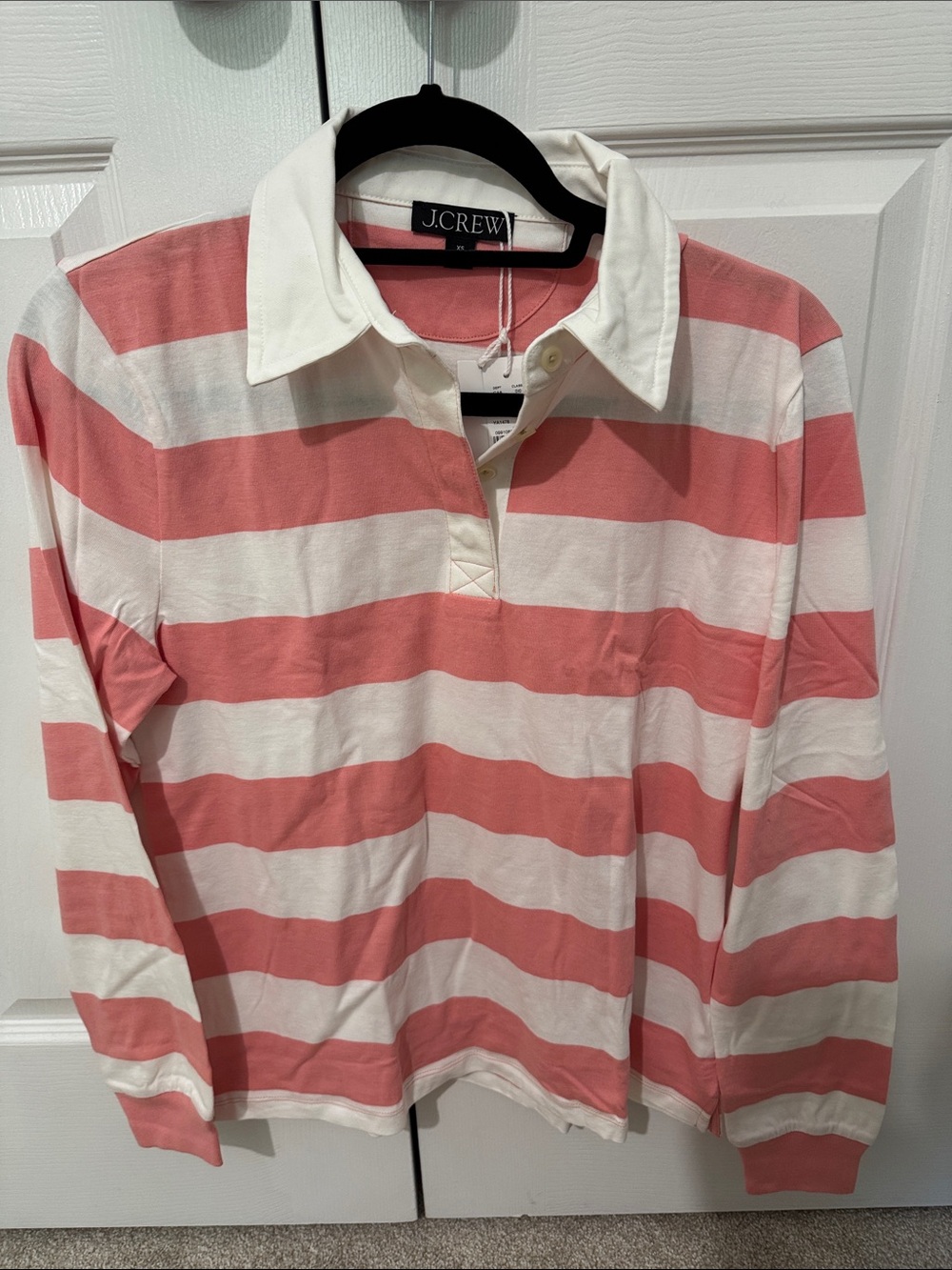 NWT J. Crew Coral and White Striped Rugby Polo